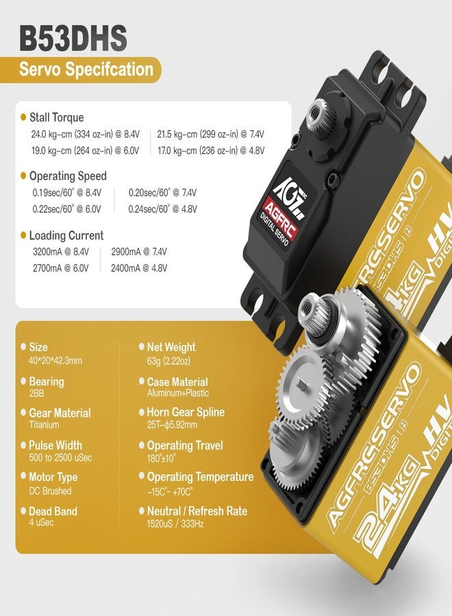 AGFRC 24KG Digital High Torque Servo Programmable Metal Gear Steering Servo for 1/10 RC Car Truck Crawler, 180 ° (B53DHS) - Image 2